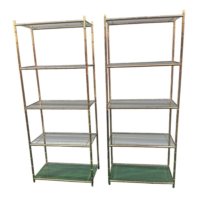1970s Hollywood Regency Brass Plated Faux Bamboo Étagères- A Pair For Sale