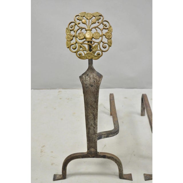 Antique French Art Nouveau Hand Hammered Wrought Iron & Bronze Andirons - A Pair For Sale In Philadelphia - Image 6 of 15