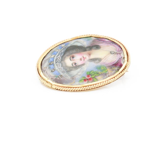 Metal Antique Victorian 14k Gold, Diamond, and Porcelain Brooch For Sale - Image 7 of 11