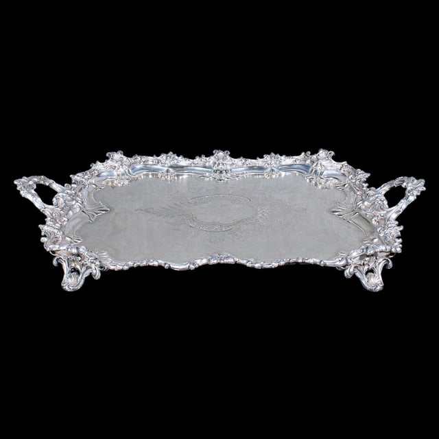 This is a large antique presentation tray. An English, silver plated afternoon tea platter, dating to the late Victorian...