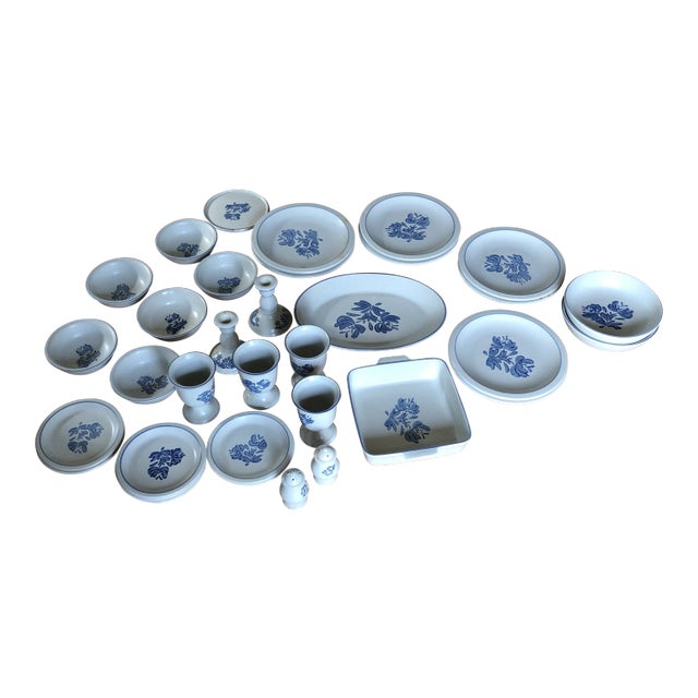 1970s Vintage Blue Floral Americana Serving Set - 32 Pieces For Sale