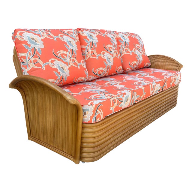 Restored 1930s "Golden Girls" Rattan "Fan Arm" Three-Seat One Piece Sofa For Sale