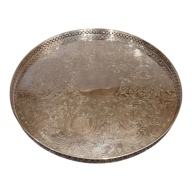 Vintage Silverplate English Round Tray With Pierced Galley Around the Tray For Sale