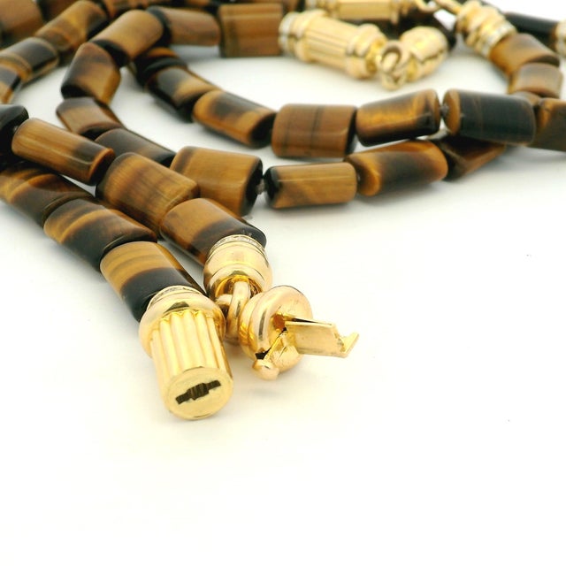 Brown 1980s Italian 14k Gold Tiger’s Eye Diamond Sautoir Necklace For Sale - Image 8 of 15