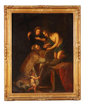 Holy Bishop Receiving Communion from Jesus, Oil on Canvas, Framed