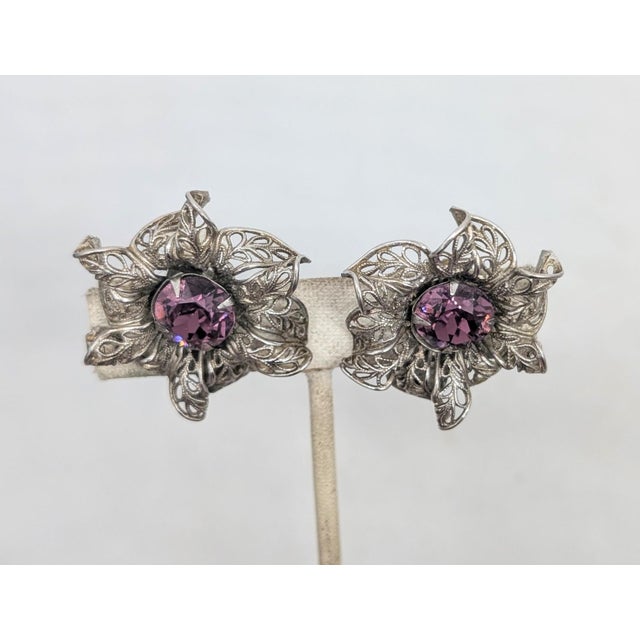 1960s Vintage 1950s Signed Napier Silvertone Filigree Faux-Amethyst Flower Clip Earrings- 2 Pieces For Sale - Image 5 of 8