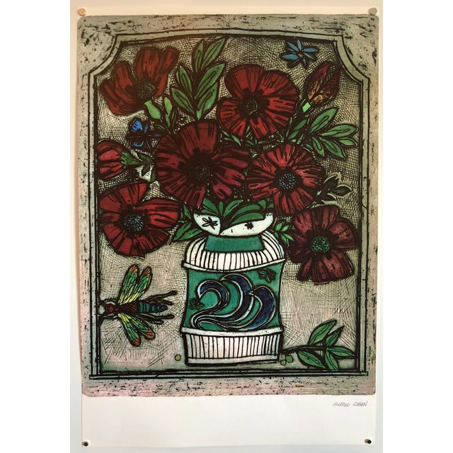 Alfred Cohen, Offset Lithograph Modernist Print of Bold Vibrant Flowers, Plate Signed For Sale