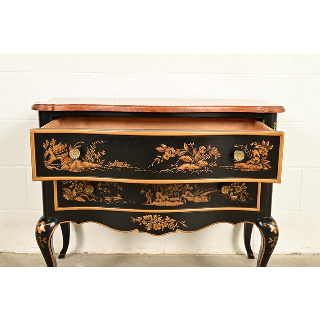 Black Drexel Heritage Hollywood Regency Chinoiserie Black Lacquered Hand Painted Chest of Drawers, Circa 1970s For Sale - Image 8 of 13