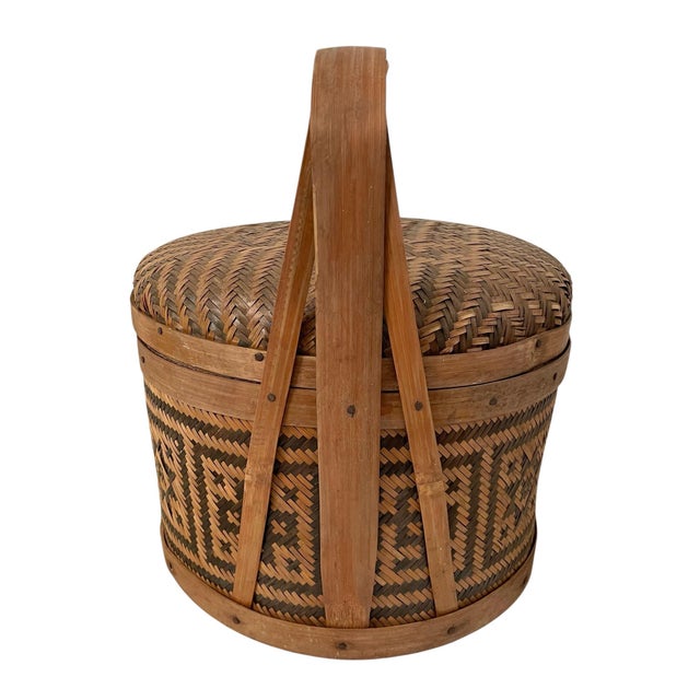 Vintage Hand Woven Chinese Wedding Basket Rattan & Wood 11" Lid. Country Rustic For Sale - Image 4 of 7