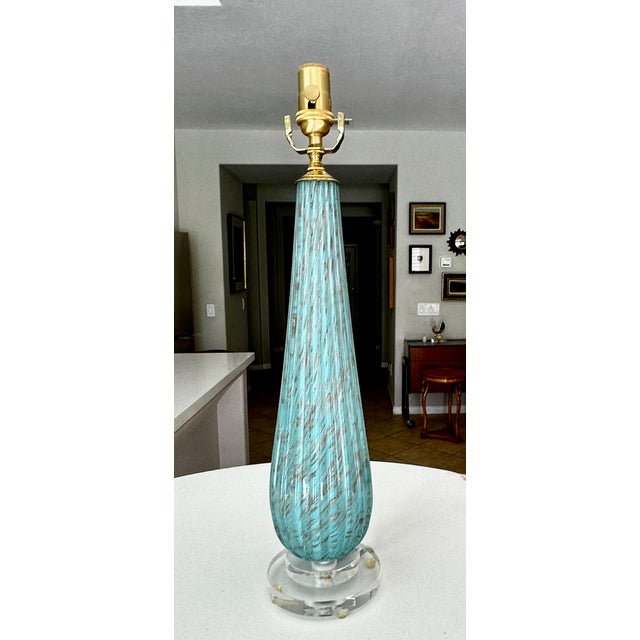Copper 1960s Barbini Murano Blue Copper Ribbed Glass Table Lamp For Sale - Image 8 of 18