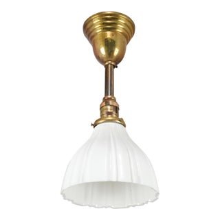 Early 20th Century Traditional White Milk Glass Brass Pole Pendant Light - Restored For Sale