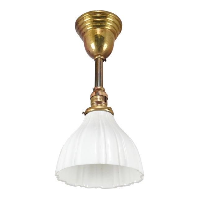 Early 20th Century Traditional White Milk Glass Brass Pole Pendant Light - Restored For Sale