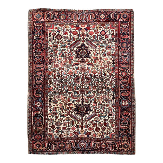 1940s Jungle Heriz with Duel-Finials Eggshell with Garden of Colors Rug 7.2 x 10.4 For Sale