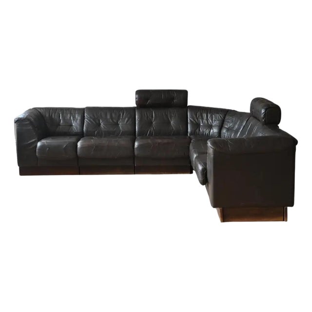 De Sede Style Swiss Black Leather Modular Sofa For Sale