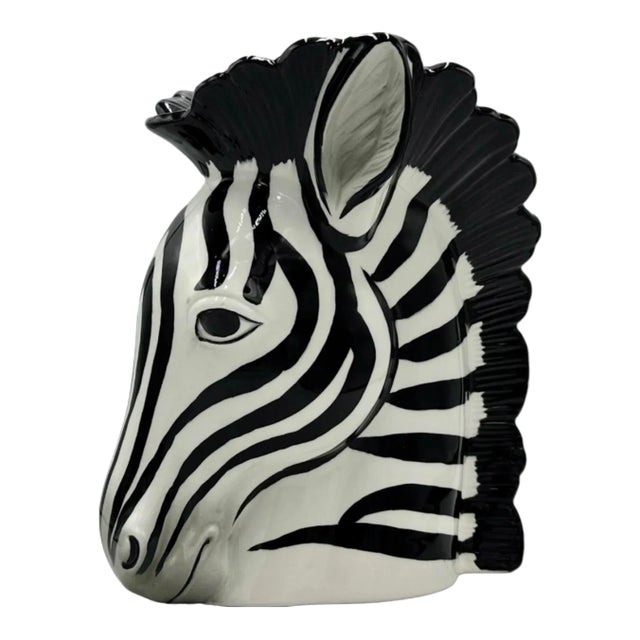 Vintage Zebra Head Ceramic Planter Vase 9" Mid Century Safari Decor For Sale