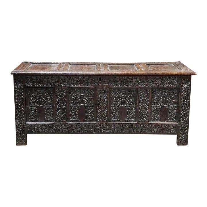 Antique English 17th Century Jacobean Carved Chest Coffer Trunk