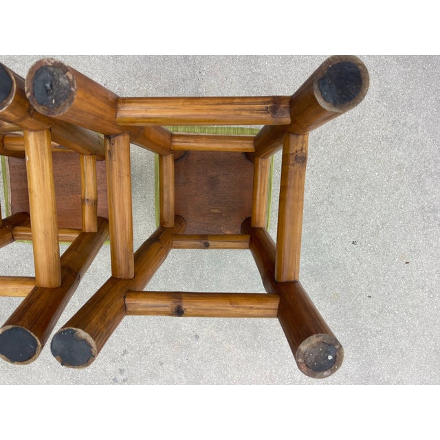 Vintage Bamboo Counter Stools – Set of 2 – Green Upholstered Seats – Mid-Century Tiki / Coastal Style, MCM For Sale - Image 10 of 11