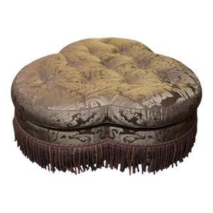 Rose Tarlow Melrose House Attr. Tufted Trefoil Ottoman in Silk Damask W Bullion Fringe