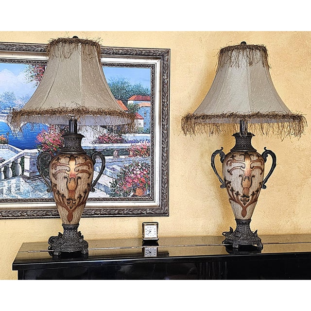 Pair of Vintage Neoclassical Urn Table Lamps With Decorative Fringe Shades For Sale - Image 11 of 18