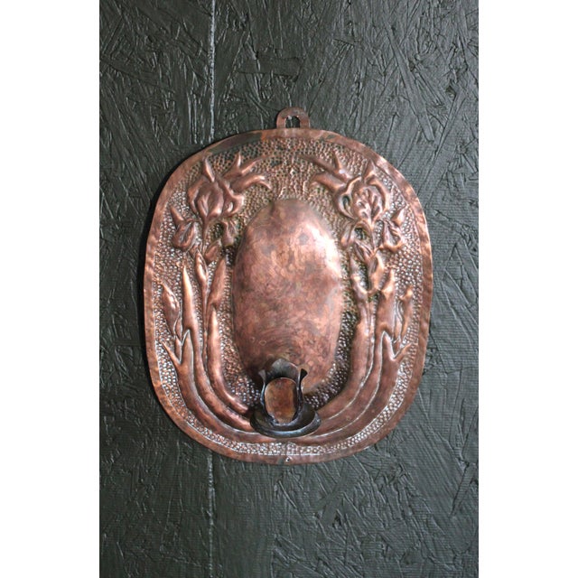 Metal Embossed or Hammered Copper Wall Candleholder With Irises For Sale - Image 7 of 9