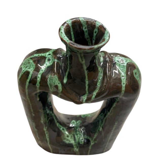 2000 - 2009 Vintage Mid-Century Modern Sculptural Drip Glaze Vase – Dark Brown & Emerald Green Cutout Vessel For Sale - Image 5 of 12