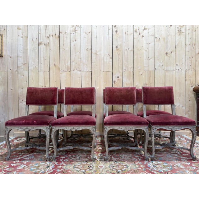Venetian Louis XV Style Chairs Lacquered Wood with Painted Details and Burgundy Velvet Seats, Set of 8 For Sale - Image 10 of 10