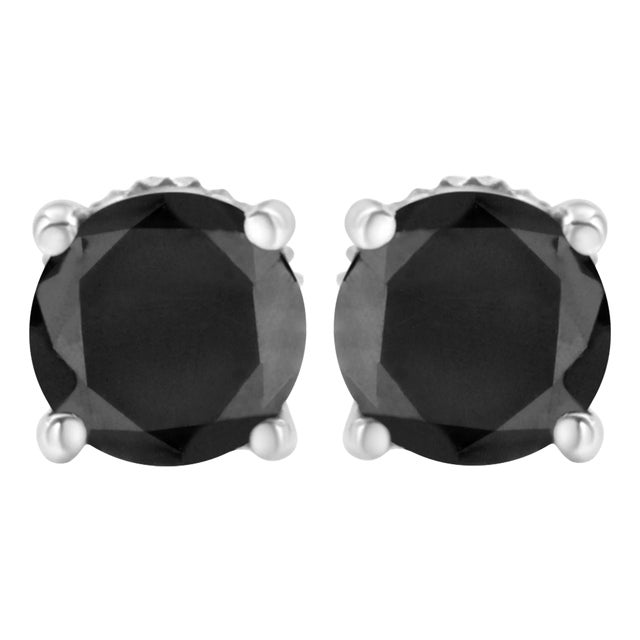 .925 Sterling Silver 1.00 Cttw Round Brilliant-Cut Black Diamond Classic 4-Prong Stud Earrings with Screw Backs - 2 Pieces For Sale
