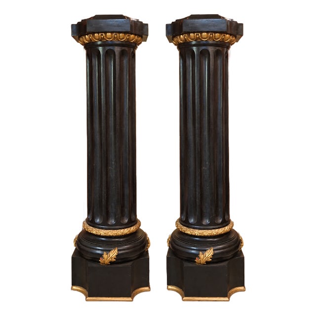 Grand Scale French Louis XVI Heavy Palace Black Tesselated Marble Gilt Bronze Pedestals a - Pair For Sale