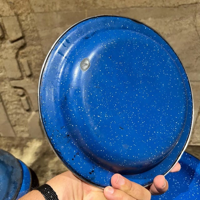 1960s Speckled Blue 15 Enamelware Plates Camping Dinnerware Mexico For Sale - Image 4 of 8
