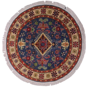 1990s Shabby Chic Tribal Kazak Blue Wool Round - 4'10" X 4'10"
