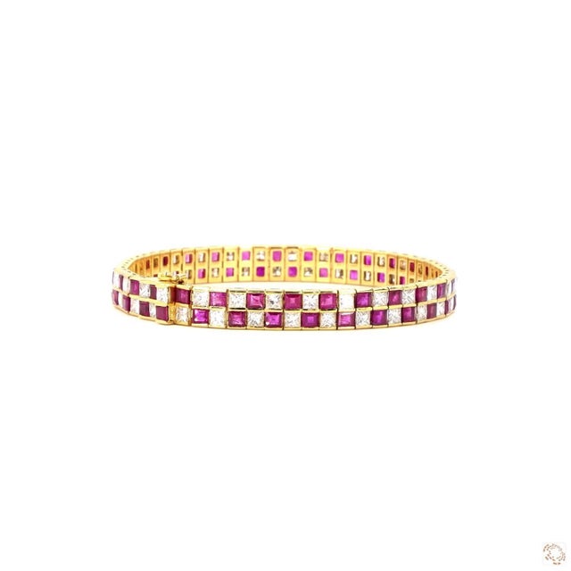 Metal 7.1 Carat Princess Cut Diamond Ruby Gold Bracelet For Sale - Image 7 of 9
