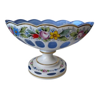 Vintage Moser Glass Oval Bowl: Cut-to-Clear, White With Blue Overlay, Hand Painted Florals For Sale
