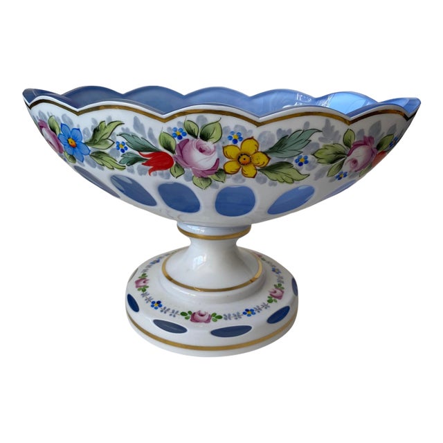 Vintage Moser Glass Oval Bowl: Cut-to-Clear, White With Blue Overlay, Hand Painted Florals For Sale