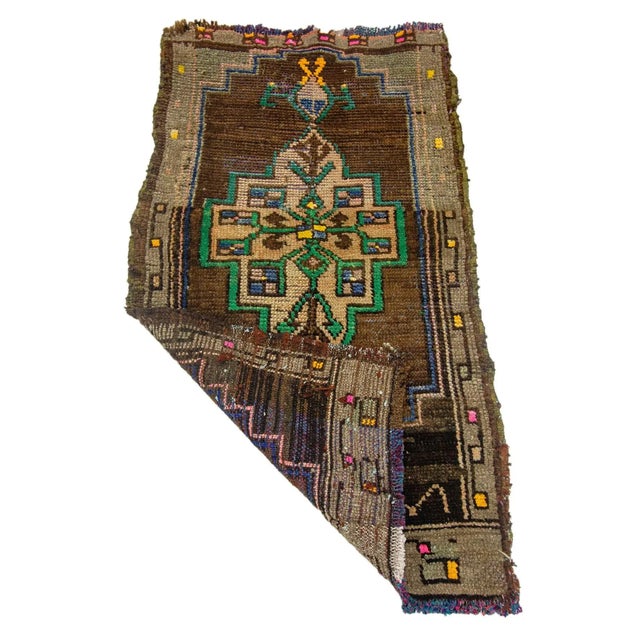 Mid-Century Modern Brown & Green Mini Vintage Rug For Sale - Image 3 of 4