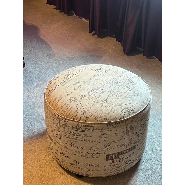 Mid-Century Modern French Script Linen Ottoman For Sale - Image 3 of 3