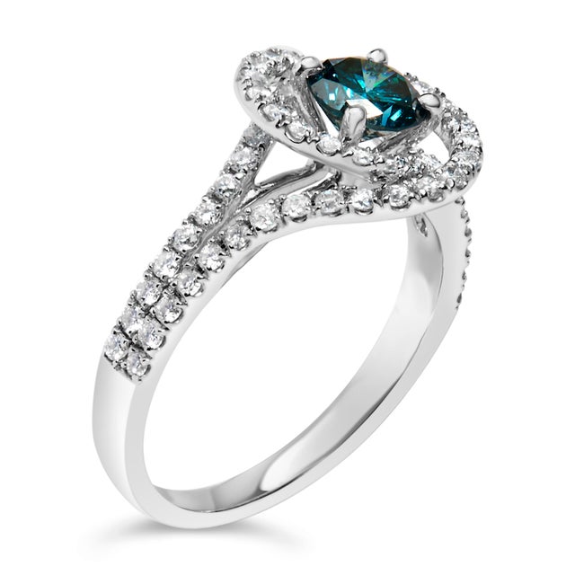 Contemporary 14K White Gold 1-1/3 Cttw White & Blue Diamond Interweaving Double Halo Cocktail Statement Ring (G-H and Fancy Blue Color, SI2-I1 Clarity) - Size 7 For Sale - Image 3 of 7