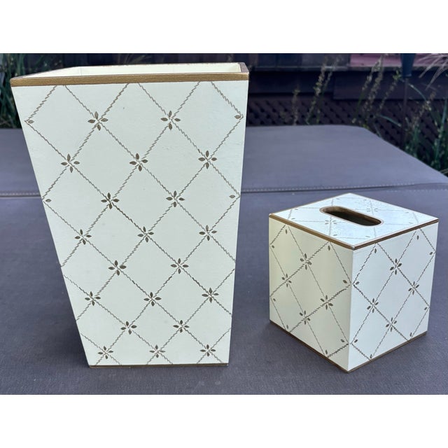 Elegant coordinating wastebasket and tissue box cover by Allen G Designs, beautifully finished in warm ivory with delicate...
