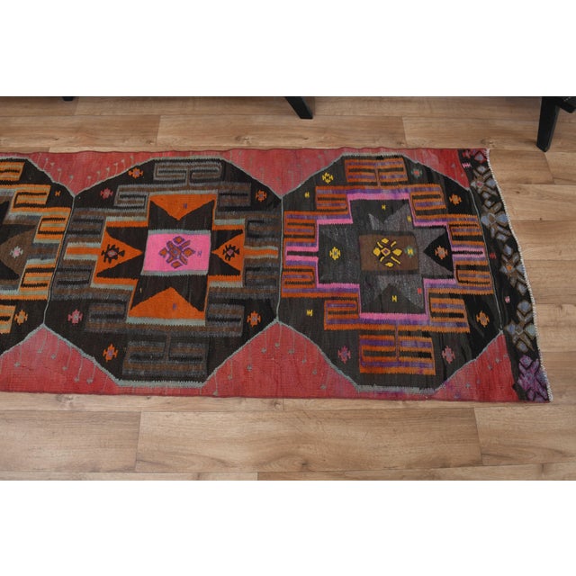 1970s Vintage Handmade Wool Cotton Red Runner Rug For Sale - Image 9 of 11