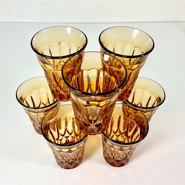 1930s Vintage Indiana Glass Co Art Deco Boho Chic Hollywood Regency Depression Era Amber Tumblers - Set of 8 For Sale - Image 5 of 11