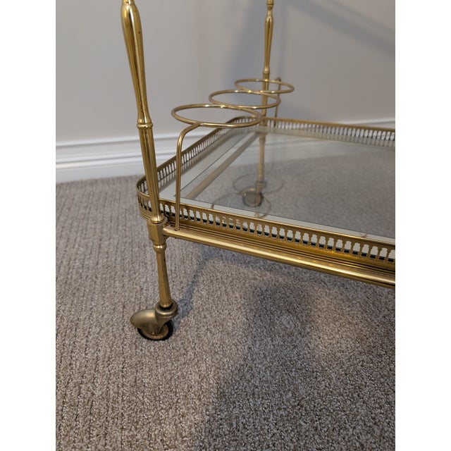 Brass Mid 20th Century Hollywood Regency Mirrored Glass and Brass Trolley Bar Cart For Sale - Image 8 of 9