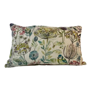 Large Bolster Pillow Decorated With Birds and a Water Color Like Floral Print in Beautiful Blues, Pinks, Purples and Green - Made in the U K For Sale