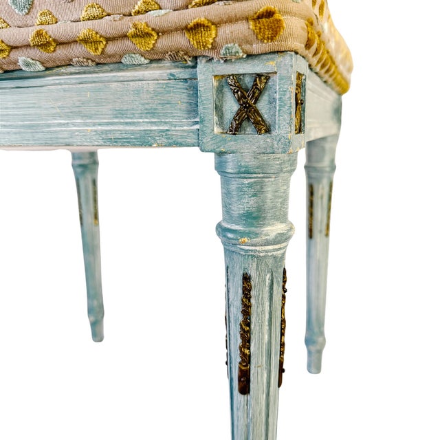 Mid 20th Century Mid 20th Century French Louis XVI Style Blue Painted Footstools With Brass Accents & Polka Dot Cut Velvet - A Pair For Sale - Image 5 of 18