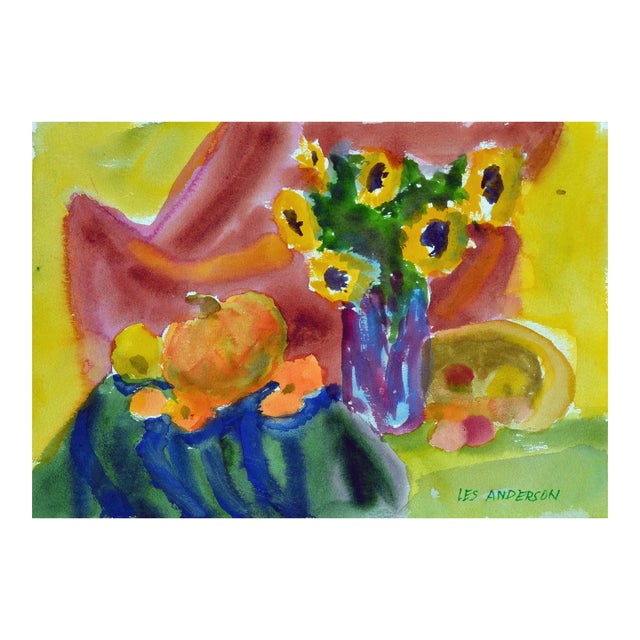 Vintage Harvest Still Life With Sunflowers and Pumpkin by Les Anderson For Sale