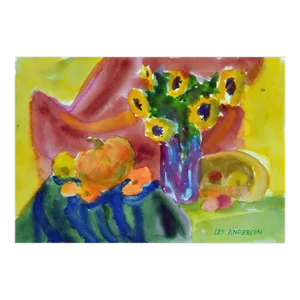 Vintage Harvest Still Life With Sunflowers and Pumpkin by Les Anderson