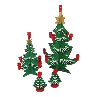 Painted Wood Swedish Folk Art Christmas Trees Candle Holders, Set 4 For Sale