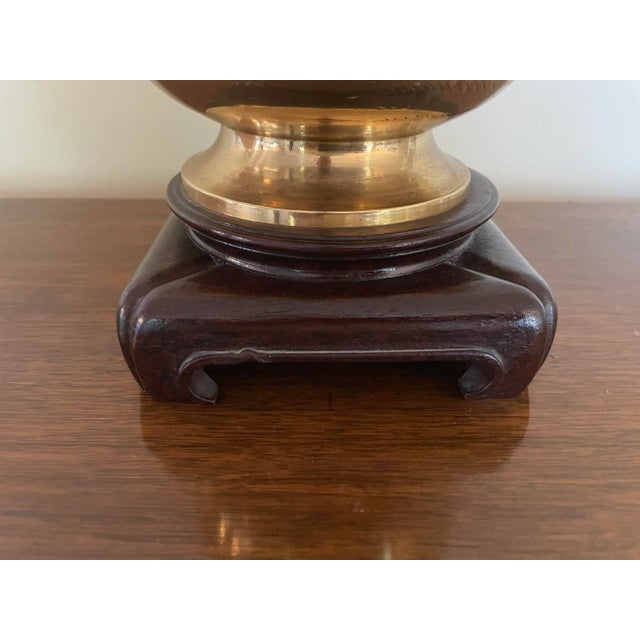 Mid 20th Century Solid Brass Chinoiserie Table Lamp With Dragon Handles and Featuring Etched Design of Flowers and Birds For Sale - Image 10 of 11