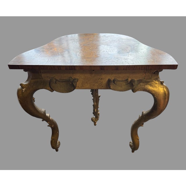 Mid 19th Century Antique Italian Carved & Gilt Decorated Marquetry Floral Inlay Top Console Hall Table For Sale - Image 5 of 11