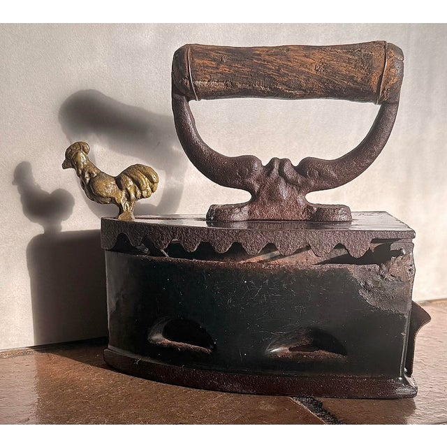 Antique Cast Iron, Enamel Coated Charcoal Box Iron Featuring a Wooden Handle & a Distinctive Brass Rooster-Shaped Latch For Sale - Image 12 of 12