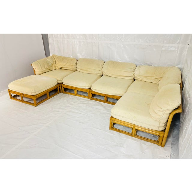 Vintage 6-Piece Bamboo Modular Sofa, Cream Upholstery, 1970s For Sale - Image 4 of 18