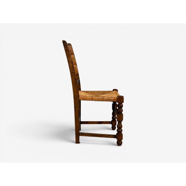 Brown Charles Dudouyt Style, Eight Rustic Dining Chairs, Oak, Rush, France, 1940s For Sale - Image 8 of 10